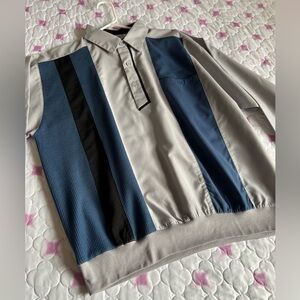 VTG Haband Casual Joe’s Men's Blue Gray Striped Long Sleeve Polo Shirt Large